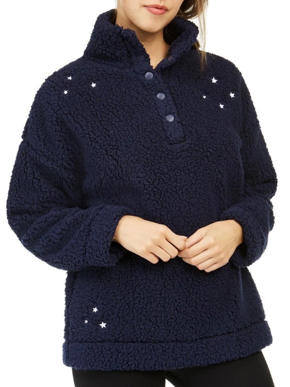 Jenni Women's Soft Faux Sherpa Cozy Pullover Loungewear Top, Navy Blue, Large